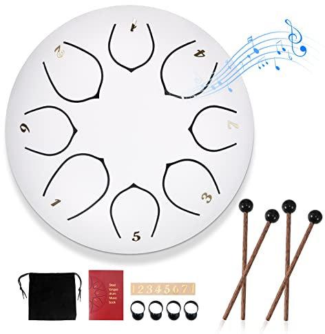 Schlitztrommeln, Stahlzungen-Trommel, 6 Zoll 8-Ton-D-Tonart, Handpan-Trommel mit Trommelstöcken, Tasche, Fingerabdeckung, Schlaginstrument für die musikalische Ausbildung Konzert Mind Healing, White