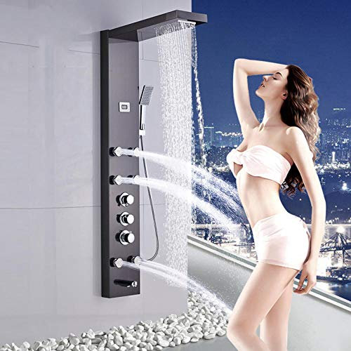 Huin Panneau de douche en acier inoxydable colonne de douche thermostatique robinet de baignoire Jets ABS douche à main pluie salle de bain robinet de douche