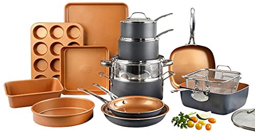 GOTHAM STEEL 7379 Pro Hard Anodized 20 Piece Bakeware Premium Cookware Set with Ultimate Nonstick Ceramic & Titanium Coating-Includes Fry, Stock Pots, Baking Pans, Aluminum, Brown