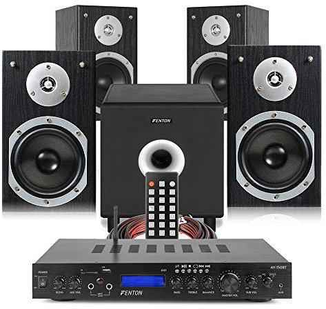 Fenton SHFB55B HiFi Bookshelf Stereo System, 4x 5-Inch Speakers, Bluetooth Amplifier, Surround Sound Subwoofer, Home Audio Speaker Set