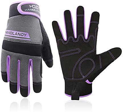 HANDLANDY Arbeitshandschuhe, zweckmäßig, Herren und Damen, Haus und Hof, Sicherheitshandschuhe für Mechaniker, Touchscreen, flexibel, atmungsaktiv (Damen-Größe L, lila)