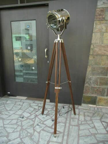 A.H Hollywood Vintage Marine Nautical Industrial Spotlight Floor Lamp Tripod Stand, Silver & Brown, 8.5 x 9 x 65 Inches