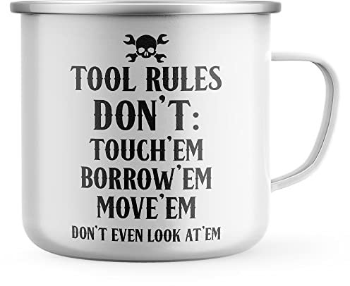 Purple Print House Tool Rules Enamel Mug, Funny Handyman Gifts for Men, Dads Birthday Gift Idea, Metal Drinking Coffee Cup, One Size, White