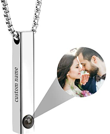 Personalised Photo Projection Necklace Bar Necklace with Picture Inside for Men Women, Customizable Name Engraving Vertical Pendant Necklace Jewelry Gifts for Dad Friend Couples