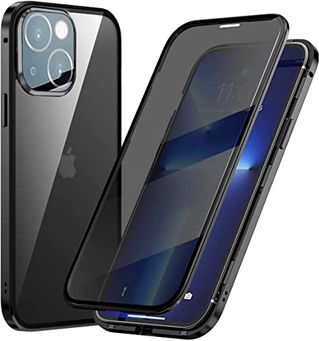 Fiokxie Anti Peep Case Compatible with iPhone 14 Plus,Privacy Tempered Glass Protector Cover, Magnetic Adsorption Metal Bumper Case, Anti Spy Tempered Glass Film, 360 Degrees Protection Case, Black