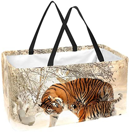 Grand sac utilitaire pliable réutilisable - Beau tigre marchant sur un sol couvert de neige