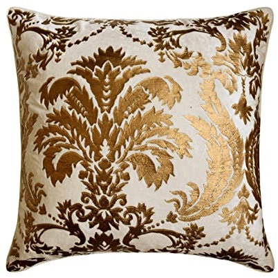 The HomeCentric Handgefertigt Weib kissenbezuge, Damast Bedruckter Samt sofakissen, 2 Stück, 50x50 cm zierkissen, Blumen Art Deco sofakissenbezuge, Platz Samt deko kissenbezuge - Gold Festive