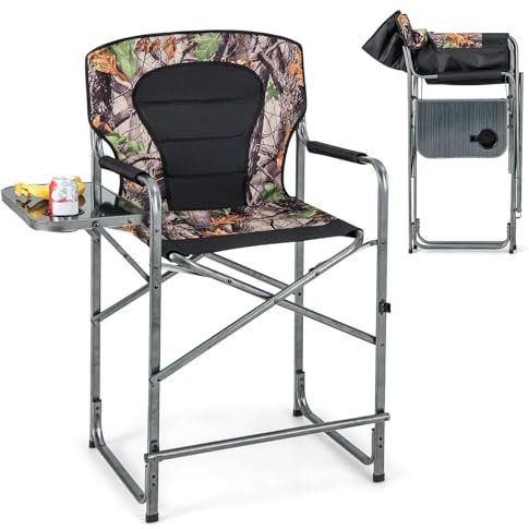 COSTWAY Silla Plegable Camping Alta, Silla Director Plegable con Mesa Lateral, Silla Pesca Reposapiés Desmontable, Portavasos, 62 x 56 x 110 cm, Carga 150 kg