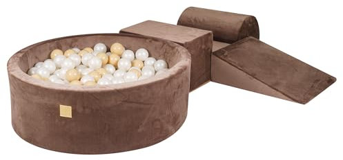 MEOWBABY Spielplatz aus Schaumstoff mit Bällebad 240x45cm - Schaumspielset mit 200 Bälle für Kinder, Velvet, Schokobraun: Beige/Perlweiß
