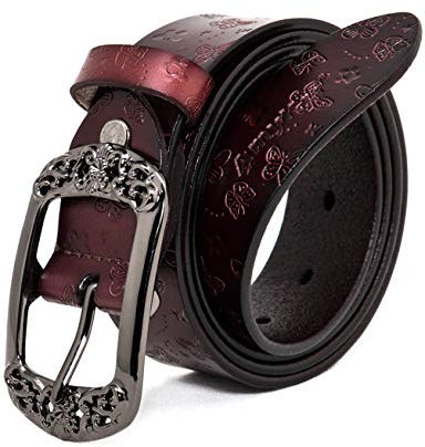 Beyeeway Frauen Vintage Echtleder Gürtel mit geprägter Schnalle Klassische gedruckt Frauen Gürtel Features Schmetterling Drucke Ideal für Jeans