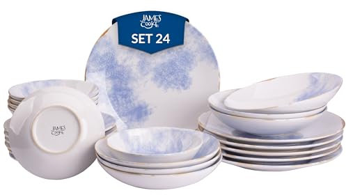 James Cooke Clouded Charm Steingut Geschirr-Set für 6 Personen - weiss blau braun, glänzend