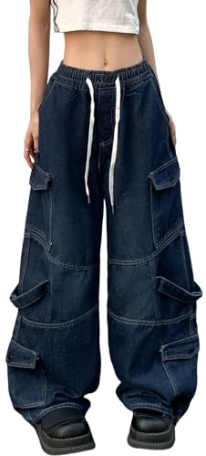 Veryin Femmes Baggy Jeans Y2K Denim Cargo Pantalon Lâche Taille Haute Casual Jambe Large Cordon De Serrage Pantalon Boyfriend avec Poches