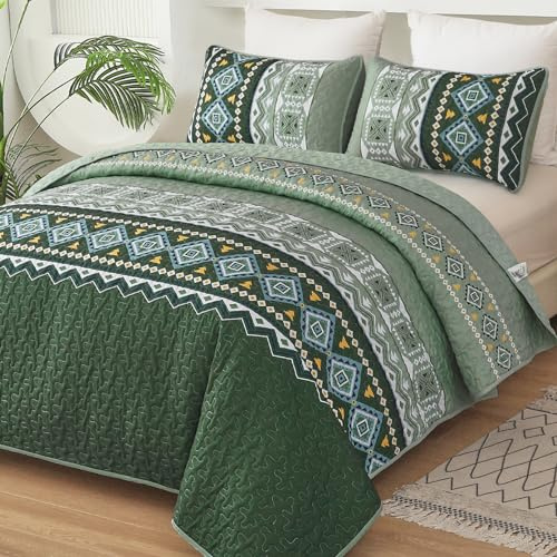 WONGS Bedding Grünes Bettwäsche-Set für Queen-Size-Betten, 3-teilig, Boho-Tagesdecke, weiches Bohemian-Bettwäsche-Set, King-Size-Bett für alle Jahreszeiten, 261 x 228 cm