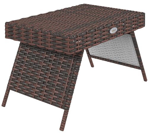 Outsunny Rattan Beistelltisch Gartentisch Couchtisch wetterfester Kaffeetisch Campingtisch Klapptisch für Balkon, Garten, 60 x 41 x 41 cm, Braun