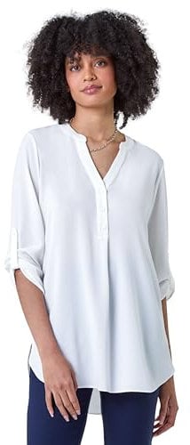 Roman Originals Shirt for Women UK Ladies Top Collarless Blouse Stretchy Tunic Smart Casual Autumn Winter Jersey 3/4 Length Sleeve Notch V Neck Flattering Office Work - Plain Ivory - Size 10