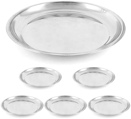 QWORK 6 Pack Stainless Steel Round Tray, 12 Inch Diameter, Display Serving Platter, Swirl Pattern with 3D Effects, Bar Serving Tray, Multi-Purpose Bar & Party Serving, Dishwasher-Safe, Silver