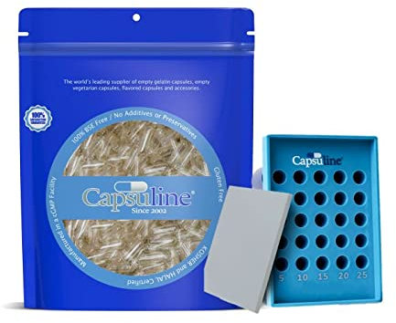Capsuline DIY Bundle - Clear Size 0 Empty Gelatin Capsules 1000 Count Filling Gel Pill Caps with Capsu-Tray Manual Capsule Holding Tray