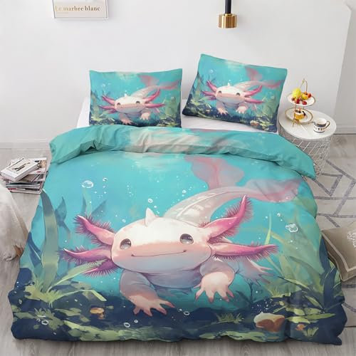 Sommer Bettwäsche 140x200 Axolotl - Kinder Süße Tiere Bettbezug 140x200 2er Set mit Kissenbezug 70x90, Weiche Mikrofaser Sommerbettwäsche mit Reißverschluss für Schlafzimmer Deko Q&201