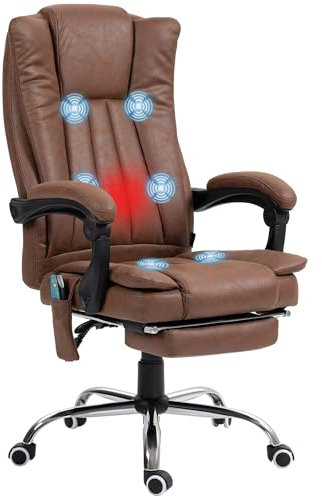 Vinsetto Silla de Masaje con 6 Puntos de Masaje Silla de Oficina Giratoria Silla de Escritorio Reclinable con Altura Ajustable Función de Calefacción Reposapiés Retráctil y Control Remoto Marrón