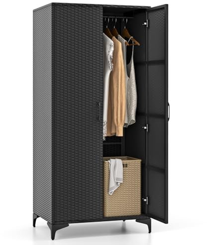 GOPLUS Kleiderschrank, Garderobenschrank aus PE-Rattan mit 4 Aufbewahrungswürfeln, Kleiderstange & Kippschutz, Aufbewahrungsschrank für Zuhause, Büro, Terrasse, Garage (Schwarz)