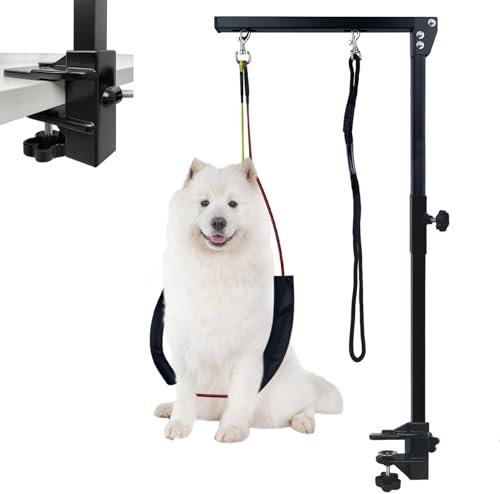 UISEBRT Haustierpflegearm mit Klemme, 35 Zoll Verstellbarer Fellpflegearm für Kleine und Mittelgroße Haustiere, Faltbarer Tierpflegearm mit Schlaufe und 2 No-Sit-Hüfthaltern