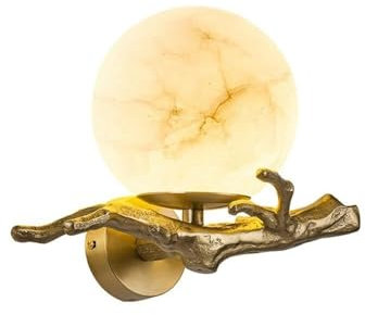 LUOYAOB Wandleuchten Retro Country Nachttisch-Steinleuchter, sphärischer Lampenschirm aus natürlichem Marmor, Wandleuchte, Goldener Kupferzweig, Dekoration, LED-Wandbeleuchtung for Badezimmerspiegel