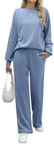 REORIA Women Cotton Lounge Wear Sets Crew Neck Tracksuit Set Two Piece Outfit Long Sleeve Top and Wide Leg Pants Co Ord Sets Grey Blue M