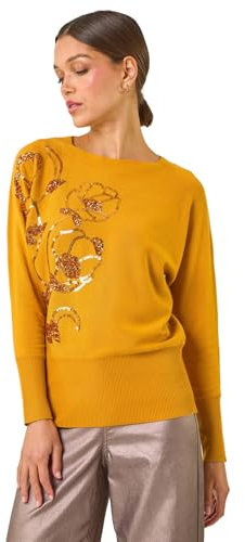 Roman Originals Women Diamante Embellished Jumper Ladies Sparkly Sequin Sweater Batwing Autumn Winter Sparkle Knit Knitwear Glittery Shiny Casual Evening Going Out Party - Amber - Size 14