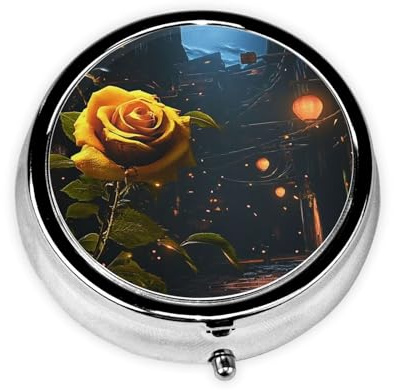 Dim Streets mit goldenen Rosen Reisefreundliche Pillendose – Tragbarer quadratischer Organizer mit Fächern für Medikamente, Vitamine und Nahrungsergänzungsmittel, langlebiges Metalldesign