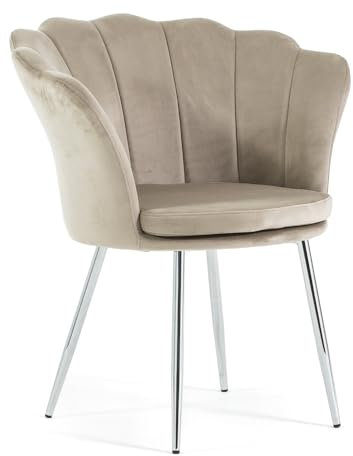 Gepolsterter Sessel mit Muschel-Rückenlehne aus Samt mit Chrom-Beinen und Kissen, Wohn-, Schlaf- und Esszimmerstuhl Shelly (Silberbeine, Samt Beige)