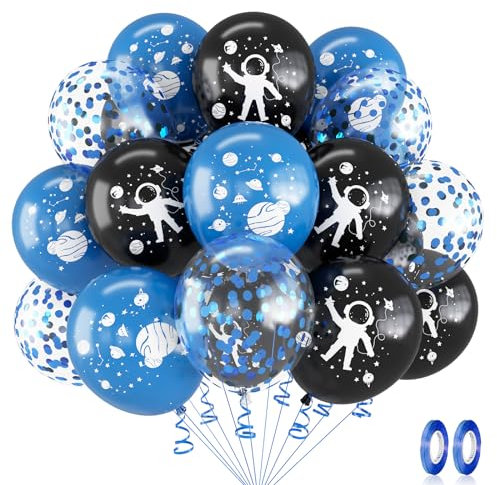 Weltraum Geburtstag Deko, 12 Zoll Weltraum Party Luftballon Set Blau Schwarz Konfetti Astronaut Planet Rakete Latex Helium Ballons für Kinder Jungen Babyparty Kindergeburtstag Party Dekoration zubehör