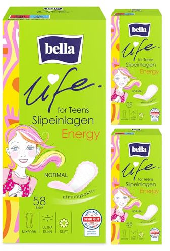 bella life for teens Slipeinlagen Energy Normal | dermatest: SEHR GUT | ultradünne Slipeinlagen für Teenager im 3er Pack (3 x 58 Stück) | Mixform mit Frischeduft