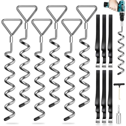 Lot de 6 piquets d'ancrage au Sol pour Trampoline – Ancrage au Sol avec 6 Sangles (Longueur 2,5 m) – Les piquets Heavy Duty résistent au Vent élevé, idéal pour Trampoline en Plein air