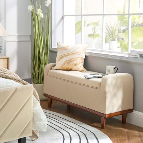 HULALA HOME Storage Ottoman with Arms & Wooden Legs, Button Tufted Bedroom Bench for End of Bed, Upholstered Accent Bench for Entryway Living Dining Room, LINEN