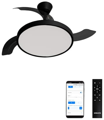 CREATE / WIND CLEAR STUDIO M/Ventilador de techo con luz negro con Wifi y mando / 40W, Temporizador, Ø 108 cm, 6 velocidades, aspas retráctiles, 3 temperaturas de luz, función verano-invierno