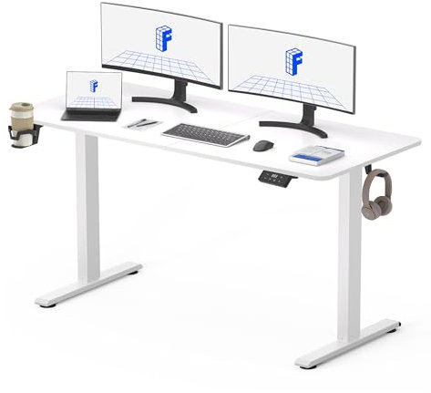 FLEXISPOT 140 * 60cm Electric Standing Desk, Height Adjustable Ergonomic Stand up with 2 Memory Preset and Backpack Hook, White