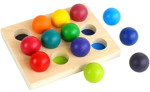 Dinntty Rainbow Balls in Cups Montessori Toy, Color Recognition Rainbow Sorting Ball Matching Board, Wooden Sorter Game, Educational Toy for Kid