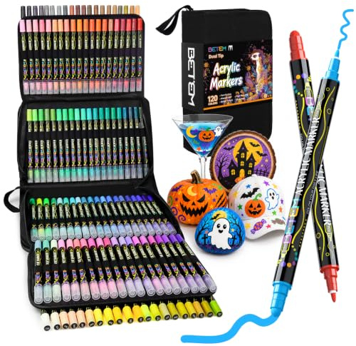 Betem 120 Couleurs Feutre Acrylique à Double Pointe, Stylo Marqueur Peinture Acrylique pour Bois, Toile, Pierre, Tissu, Peinture sur Roche, Verre, Surfaces en Céramique, Objets Artisanaux DIY