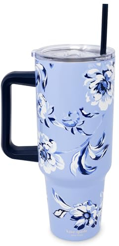 kate spade new york 40 Ounce Tumbler with Handle and Straw, Double Wall Stainless Steel Insulated Cup, Cupholder Friendly 40 oz Cup, Metal Drinking Cup for Hot or Cold Drinks (Floral Toile)