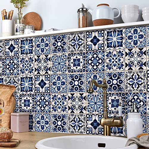 Ntrniva 10x10cm Peel & Stick Tiles, Blue Mandala, 24pcs | Peel & stick, waterproof, oil-proof, 10cm tiles, 24pcs, kitchen, bath, fireplace. Mandala, removable, heat-resist.
