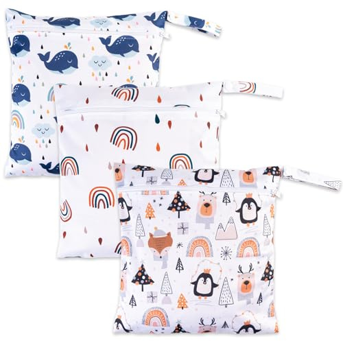 RUACDIQ 3 bolsas húmedas para guardería, bolsa húmeda para pañales, bolsa húmeda y seca, bolsa de pañales con cremallera para viajes, playa, piscina, multicolor, 28 cm x 30 cm x 1 cm, Contemporáneo