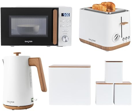 Salter Toronto 4-Piece Kitchen Set – 1.7L Kettle, 2-Slice Toaster, 20L Digital Microwave & Four Storage Canisters, White/Wood Finish, Rapid Boil, 6 Browning Levels, 8 Presets, Stylish Matching Design | 1.7 L Rapid Boil Kettle, 2 Slice Toaster With 6 Browning Levels, 20 L Digital Microwave With 8 Auto Cook Presets, 4 Piece Set
