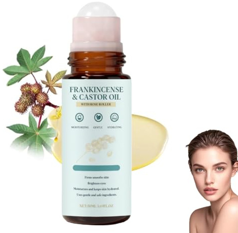 Frankincense and Castor Oil Roll On with Rose Quartz Roller, Organic Castor Oil, Frankincense oil for Skin Care, Natural Ingredients, Reduce Fine Lines, Firms Smooths Skin, Brightens Eyes (1PC)
