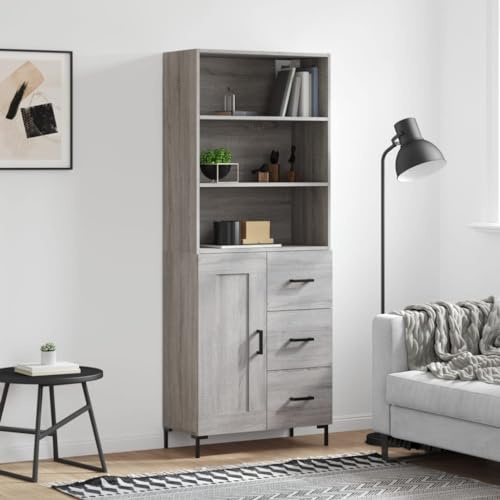 Fangmaliuyun Highboard Grau Sonoma 69,5 x 34 x 180 cm Holzwerkstoff mit Metallfüßen, Modernes Wohnzimmerschrank mit Sideboard und Aufsatz, Kompakte Küchenbuffet für Living Room, Küche, Flur
