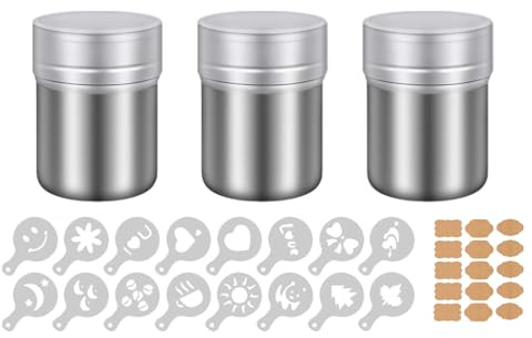 Hitopin Spargi Cacao in Polvere in Acciaio Inox,3PCS Spargi Zucchero A Velo con Tappo,Dosatore Cacao per Cappuccino,Shaker per Polvere in Acciaio Inossidabile,con 16 stampi per caffè,per Cappuccino
