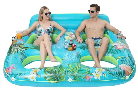 Aufblasbare Tanning Pool, Schwimmhilfe mit Getränkehalter und Rückenlehne, 2-Personen-Pool-Luftmatratze,Tragbar Sommer Spielzeug,für Schwimmbäder, Strand, Wasserparks,Blau 205 x 168 x 60cm