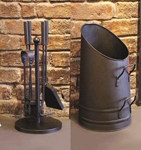 HomeZone 5pc Fireplace Companion Set with Large Coal Bucket Heavy Duty Metal Bucket Companion Sets for Log Burners Fireplace Tool Set Black Powder Coated Buckets Fireside Accessories