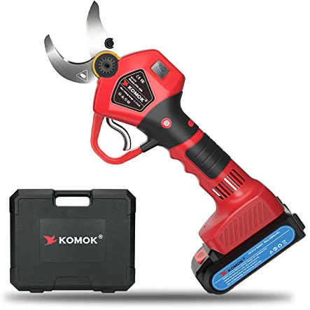 KOMOK Sécateur à Batterie 30mm avec LED Affichage, Sécateur de Jardin Sans Fil avec 2 Batteries Rechargeables 2000mAh 21V/ Moteur Sans Balais 600W/ 6-8 Heures de Travail - Rouge
