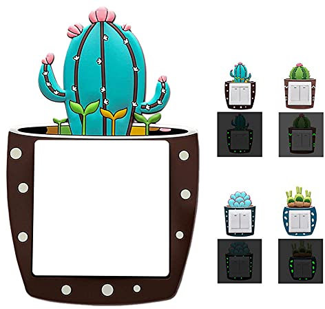 Iriisy 4Pcs Interruptor Pegatina Silicona Suave, Diseño de 3D Dibujos de Cactus, Arte Pegatinas Pared luminosa, Decoración Adhesiva de Interruptor, Suave Luz en Oscuridad, Adorno de Hogar