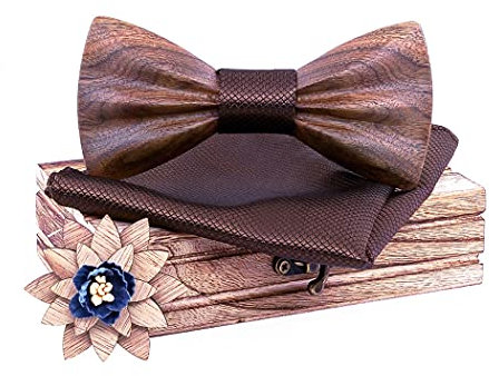 HZQIFEI Jeu de Nœud Papillon en Bois, Noeud Papillon Bois avec Carré de Tissu et Broche en Bois pour Cadeau, Réception, Mariage (C2, 3Pcs), Taille unique